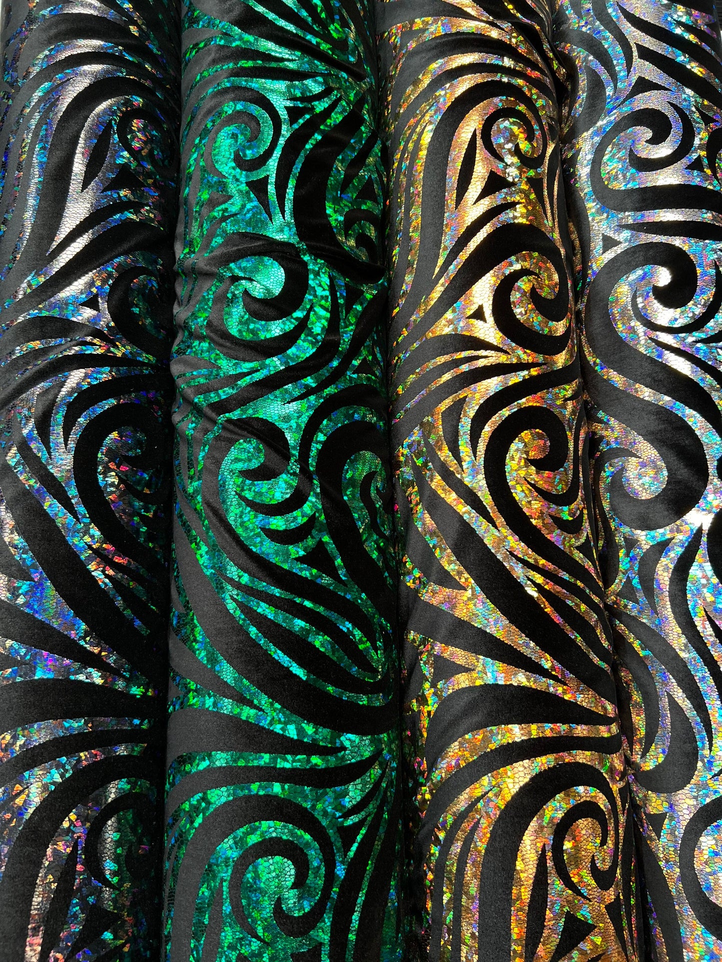 Rolex design swirl hologram metallic foil on great quality of stretch velvet 4-way stretch 58/60”