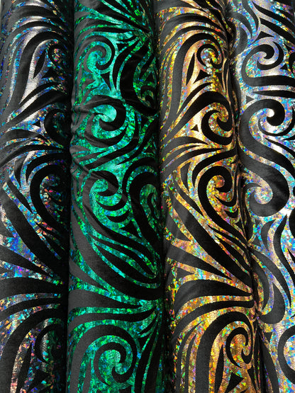 Rolex design swirl hologram metallic foil on great quality of stretch velvet 4-way stretch 58/60”