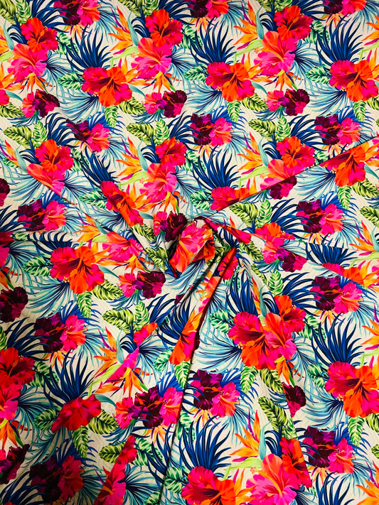 Romantic Hawaiian design white/multicolor print on best quality of nylon spandex 4-way stretch 58/60”