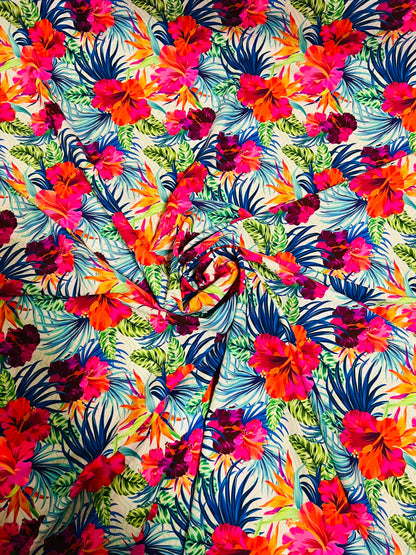 Romantic Hawaiian design white/multicolor print on best quality of nylon spandex 4-way stretch 58/60”