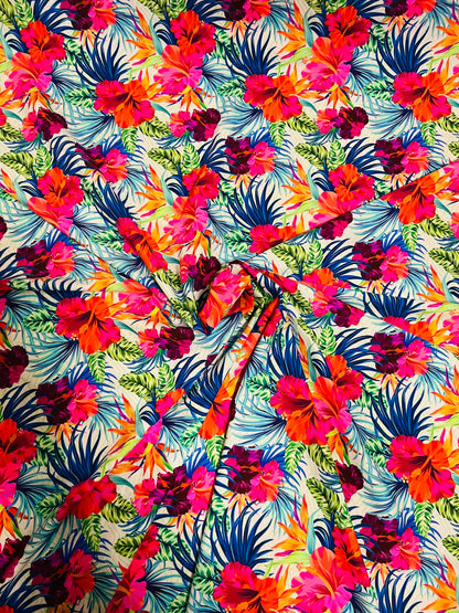 Romantic Hawaiian design white/multicolor print on best quality of nylon spandex 4-way stretch 58/60”