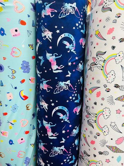 Multi Unicorn design & Multi print nylon spandex 4-way stretch 58/60” Sold by the YD. Ships Worldwide from Los Angeles California USA.