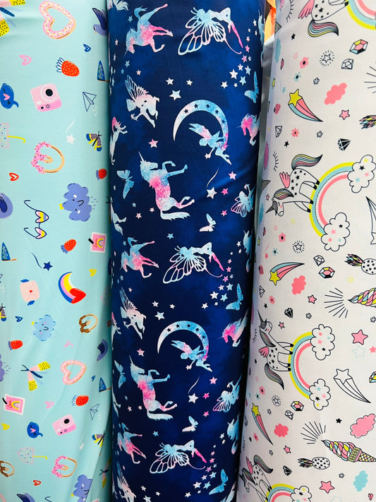 Multi Unicorn design & Multi print nylon spandex 4-way stretch 58/60” Sold by the YD. Ships Worldwide from Los Angeles California USA.