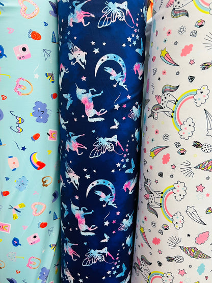 Multi Unicorn design & Multi print nylon spandex 4-way stretch 58/60” Sold by the YD. Ships Worldwide from Los Angeles California USA.