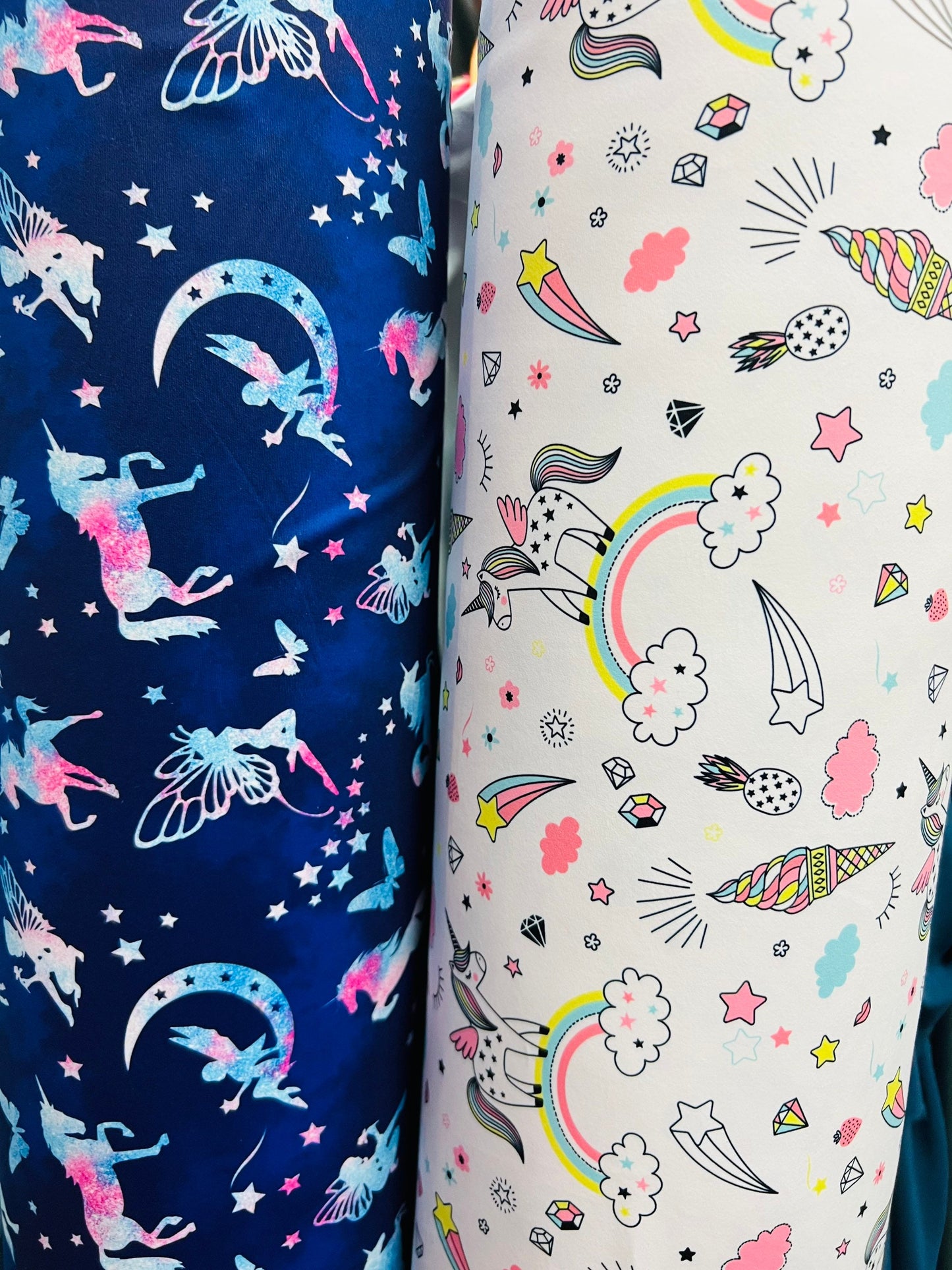 Multi Unicorn design & Multi print nylon spandex 4-way stretch 58/60” Sold by the YD. Ships Worldwide from Los Angeles California USA.