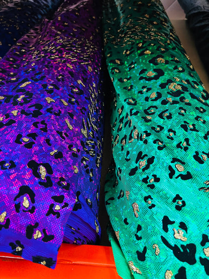 New Jaguar design exotic animal print on hologram metallic nylon spandex with flocking 4-way stretch 58/60” Sold by the YD.