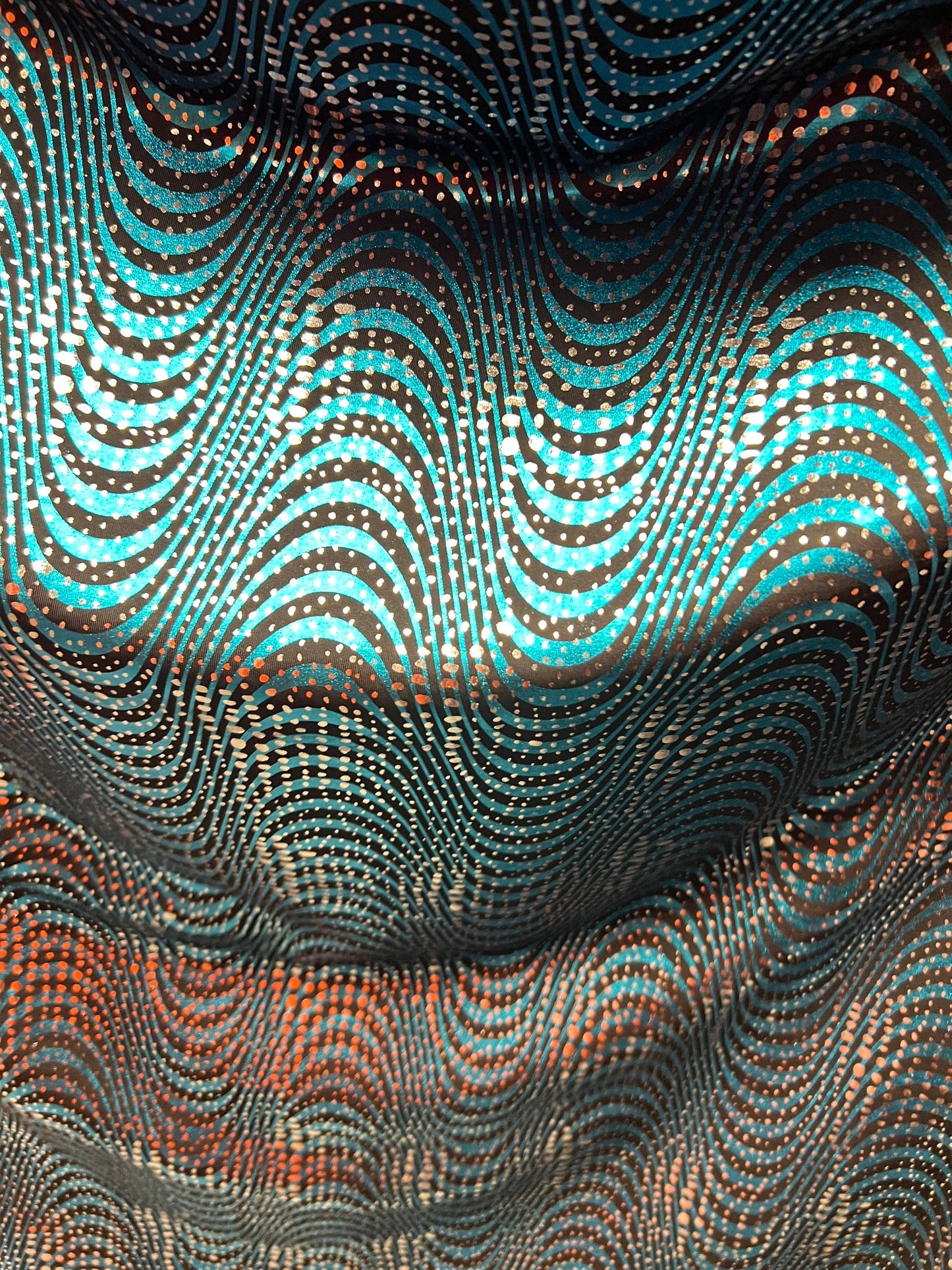 New abstract design metallic nylon spandex Teal/silver 4-way stretch 58/60” Sold by the YD. Ships Worldwide from Los Angeles California USA.