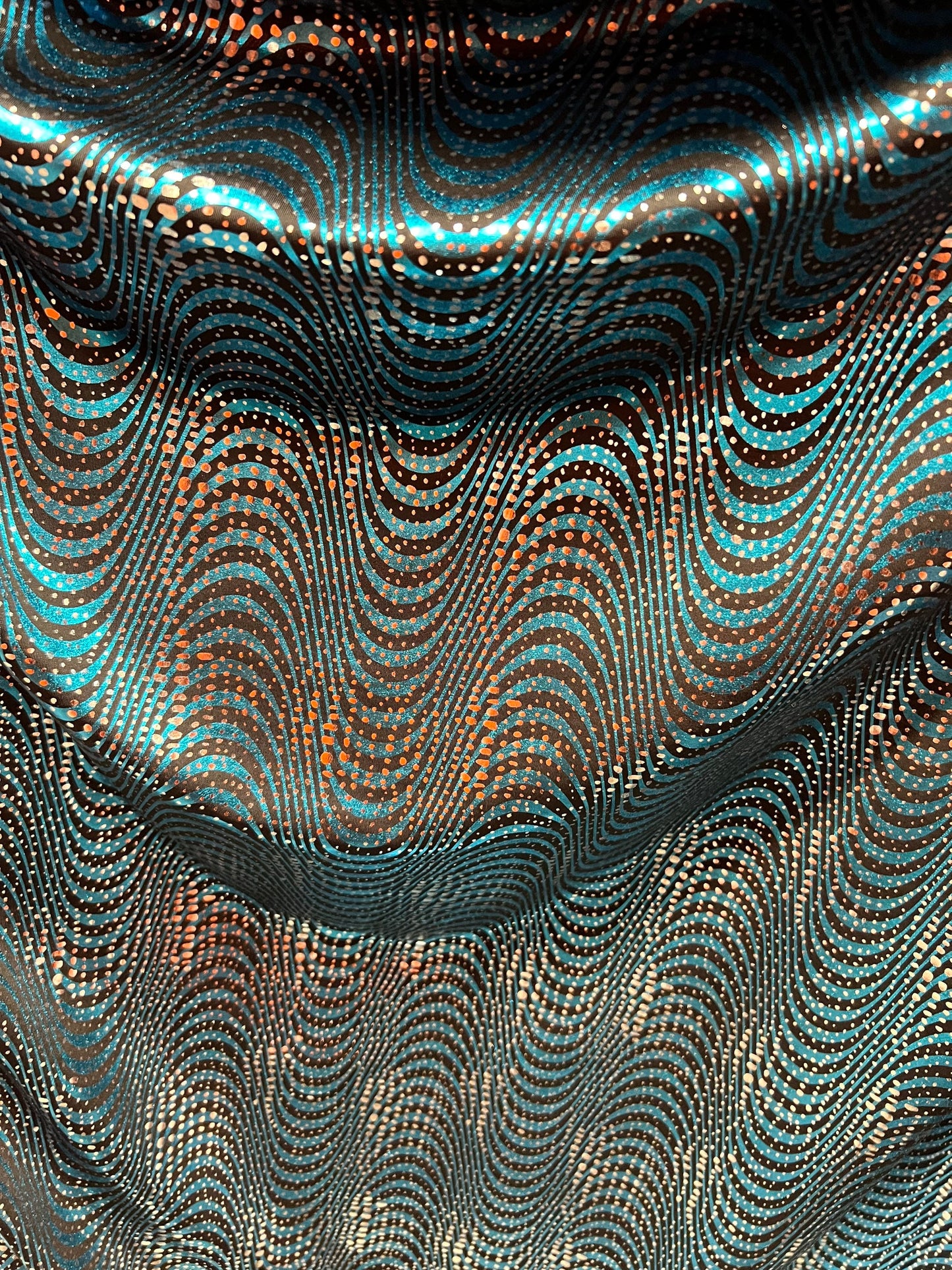 New abstract design metallic nylon spandex Teal/silver 4-way stretch 58/60” Sold by the YD. Ships Worldwide from Los Angeles California USA.