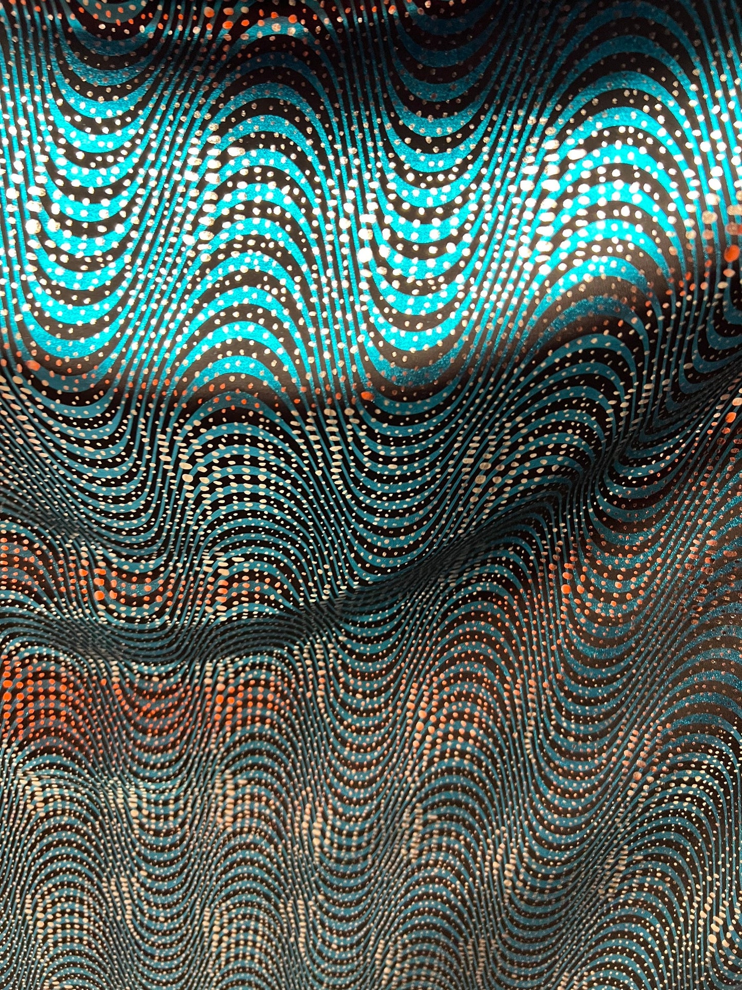 New abstract design metallic nylon spandex Teal/silver 4-way stretch 58/60” Sold by the YD. Ships Worldwide from Los Angeles California USA.