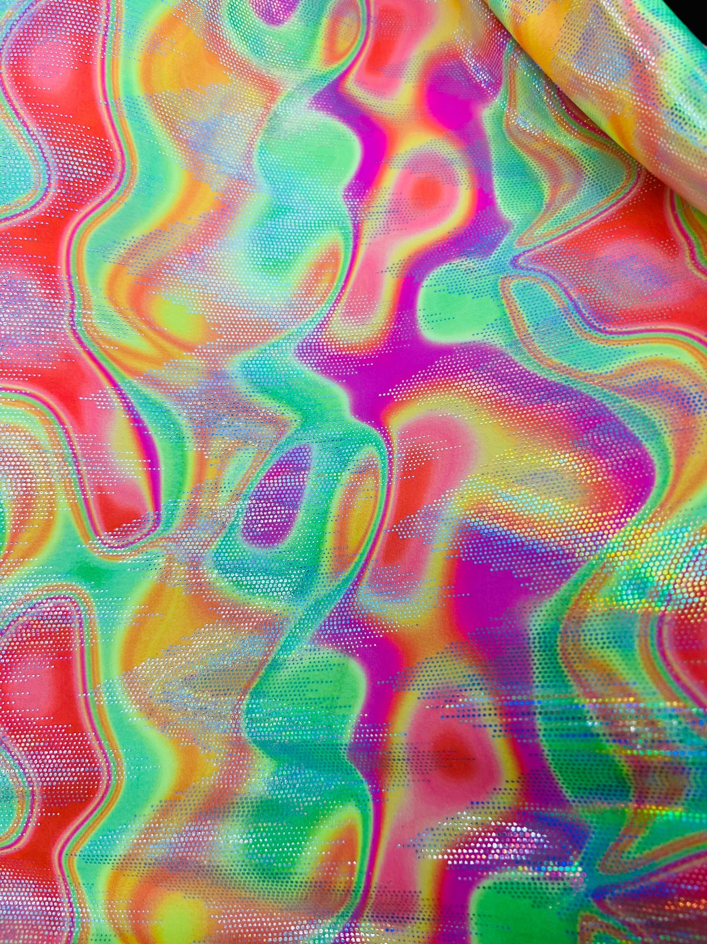 New lava abstract digital design hologram metallic nylon spandex 4-way stretch 58/60” Sold by the YD. Ships Worldwide from Los Angeles CA