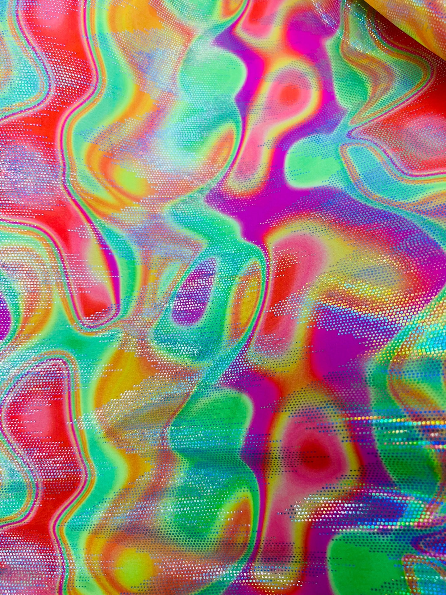 New lava abstract digital design hologram metallic nylon spandex 4-way stretch 58/60” Sold by the YD. Ships Worldwide from Los Angeles CA