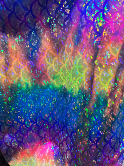 Rainbow Sirena design jumbo size hologram metallic nylon spandex 4-way stretch 58/60” Sold by the YD. Ships Worldwide from Los Angeles CA