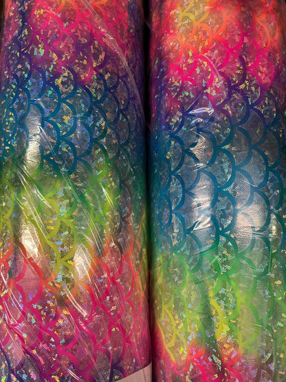 Rainbow Sirena design jumbo size hologram metallic nylon spandex 4-way stretch 58/60” Sold by the YD. Ships Worldwide from Los Angeles CA