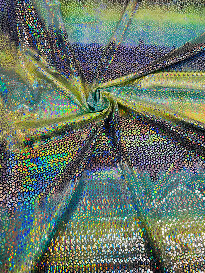 Dragón scales design hologram sequins on tie dye nylon spandex 4-way stretch 58/60” Sold by the YD. Ships Worldwide from Los Angeles CA