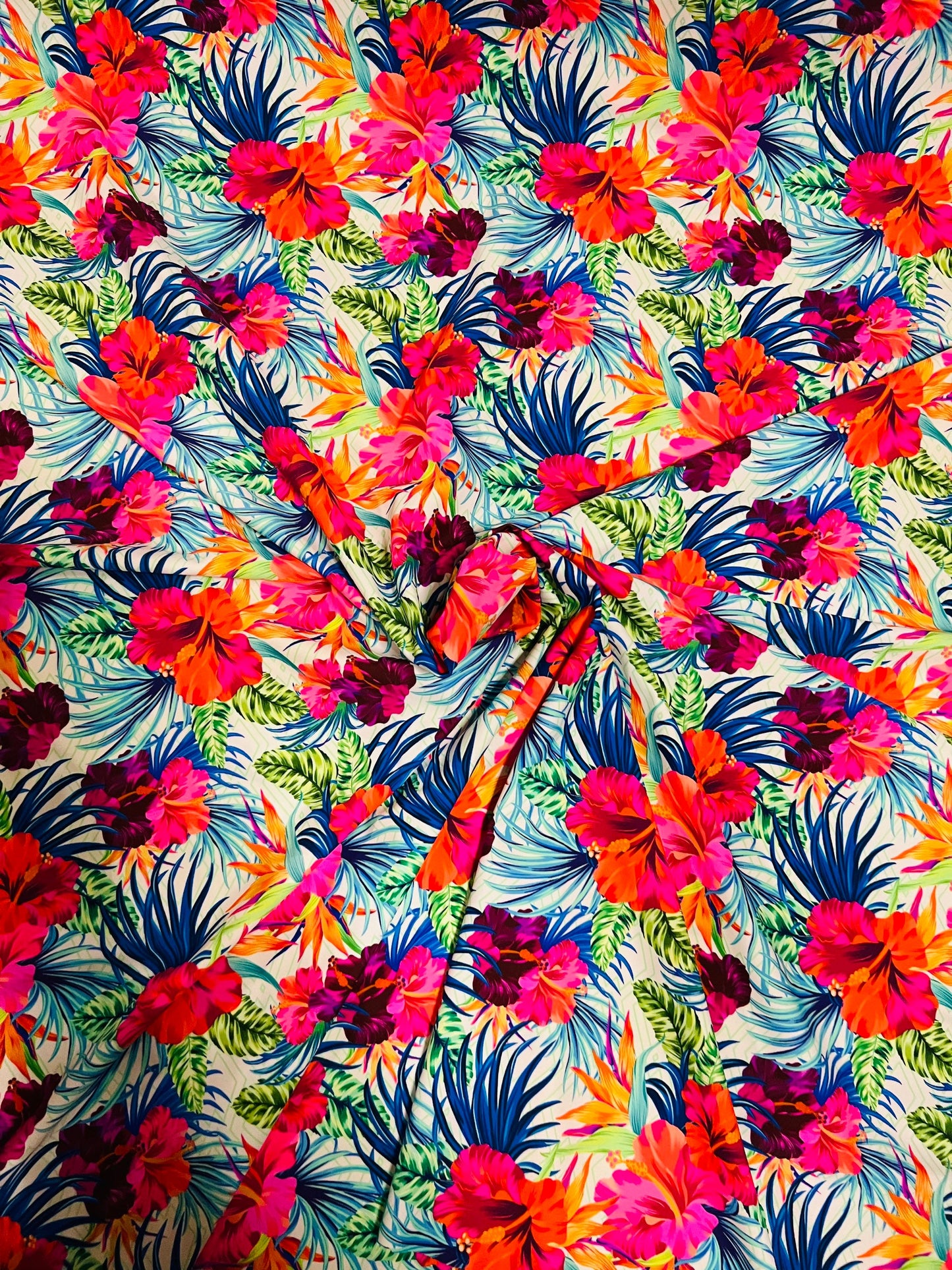 Romantic Hawaiian design white/multicolor print on best quality of nylon spandex 4-way stretch 58/60”