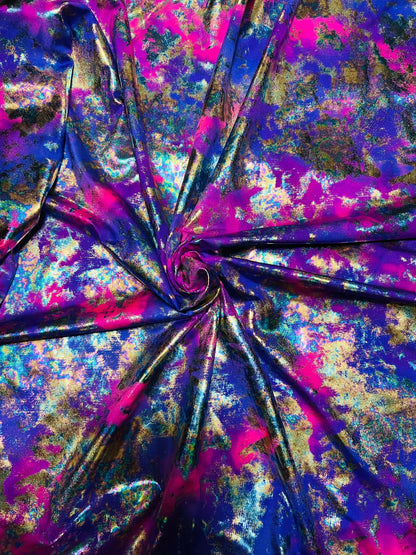 New splatter design with iridescent foil metallic nylon spandex 4-way stretch 58/60” Sold by the YD. Ships Worldwide from Los Angeles CA