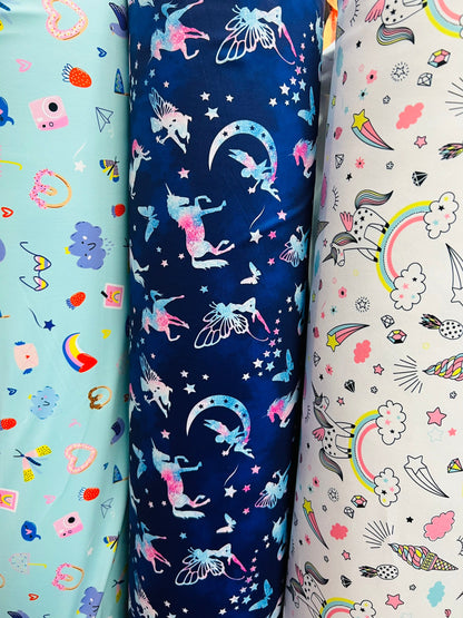 Multi Unicorn design & Multi print nylon spandex 4-way stretch 58/60” Sold by the YD. Ships Worldwide from Los Angeles California USA.