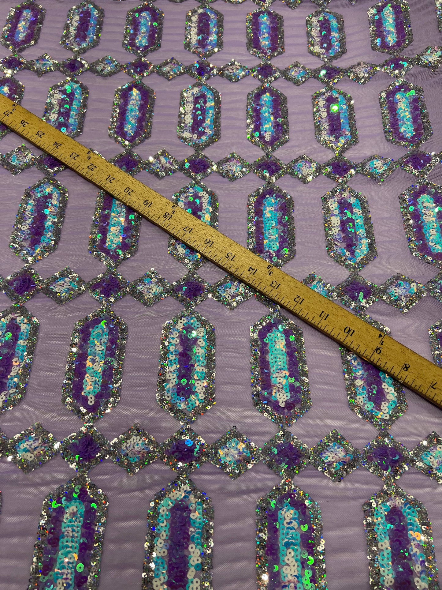 New Jewelry Geometric design Luxury iridescent sequins embroidered on stretch mesh 2-way stretch 50/52”