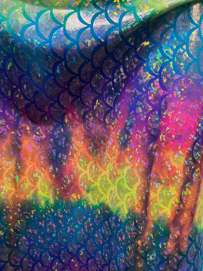 Rainbow Sirena design jumbo size hologram metallic nylon spandex 4-way stretch 58/60” Sold by the YD. Ships Worldwide from Los Angeles CA