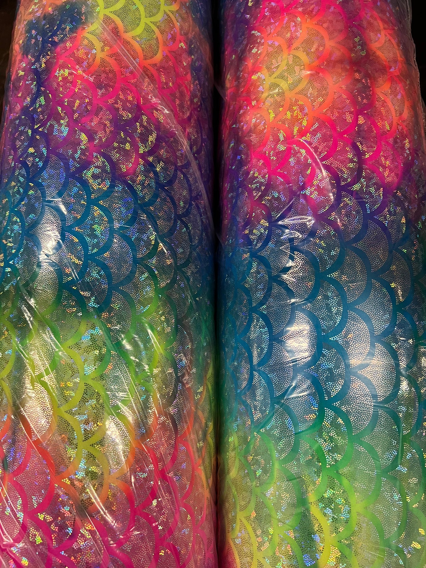 Rainbow Sirena design jumbo size hologram metallic nylon spandex 4-way stretch 58/60” Sold by the YD. Ships Worldwide from Los Angeles CA