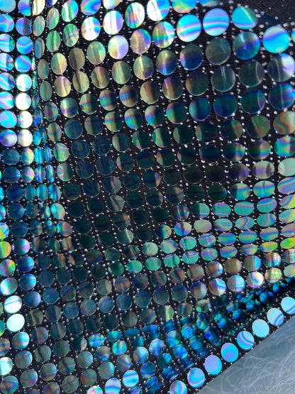 New Iridescent disco sequins design on metallic poly spandex 2-way stretch 58/60” Sold by the YD. Ships Worldwide from Los Ángeles