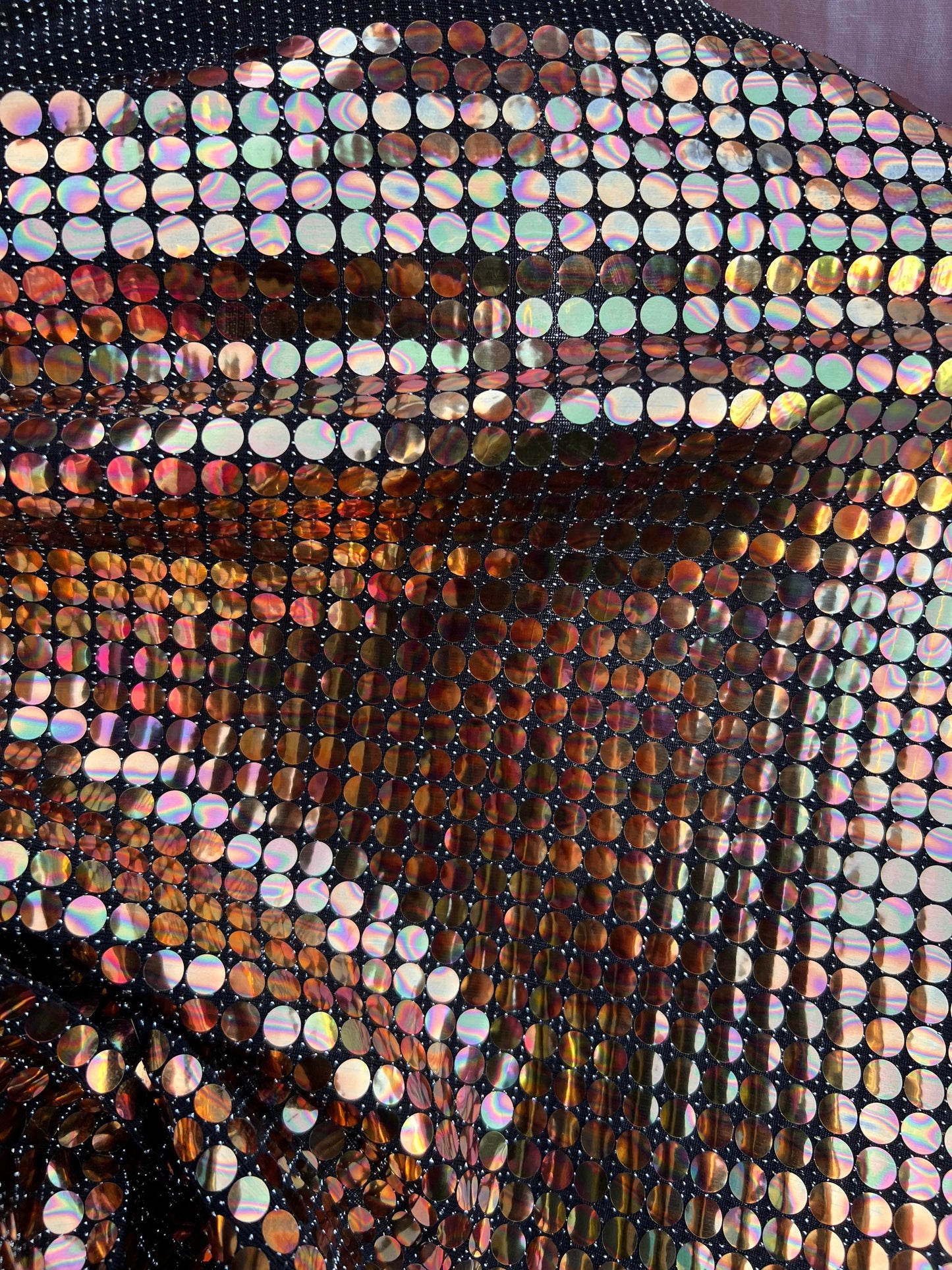 New Iridescent disco sequins design on metallic poly spandex 2-way stretch 58/60” Sold by the YD. Ships Worldwide from Los Ángeles