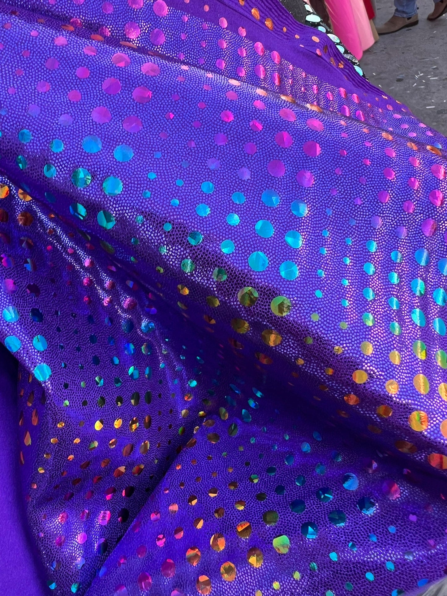 New Iridescent disco design Hologram purple on metallic Nylon spandex 4-way stretch 58/60” Sold by the YD. Ships Worldwide from Los Ángeles