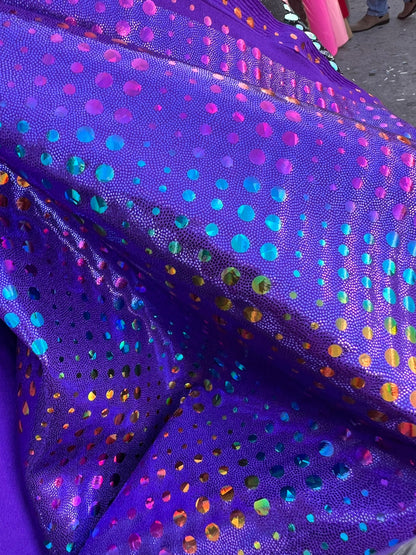 New Iridescent disco design Hologram purple on metallic Nylon spandex 4-way stretch 58/60” Sold by the YD. Ships Worldwide from Los Ángeles