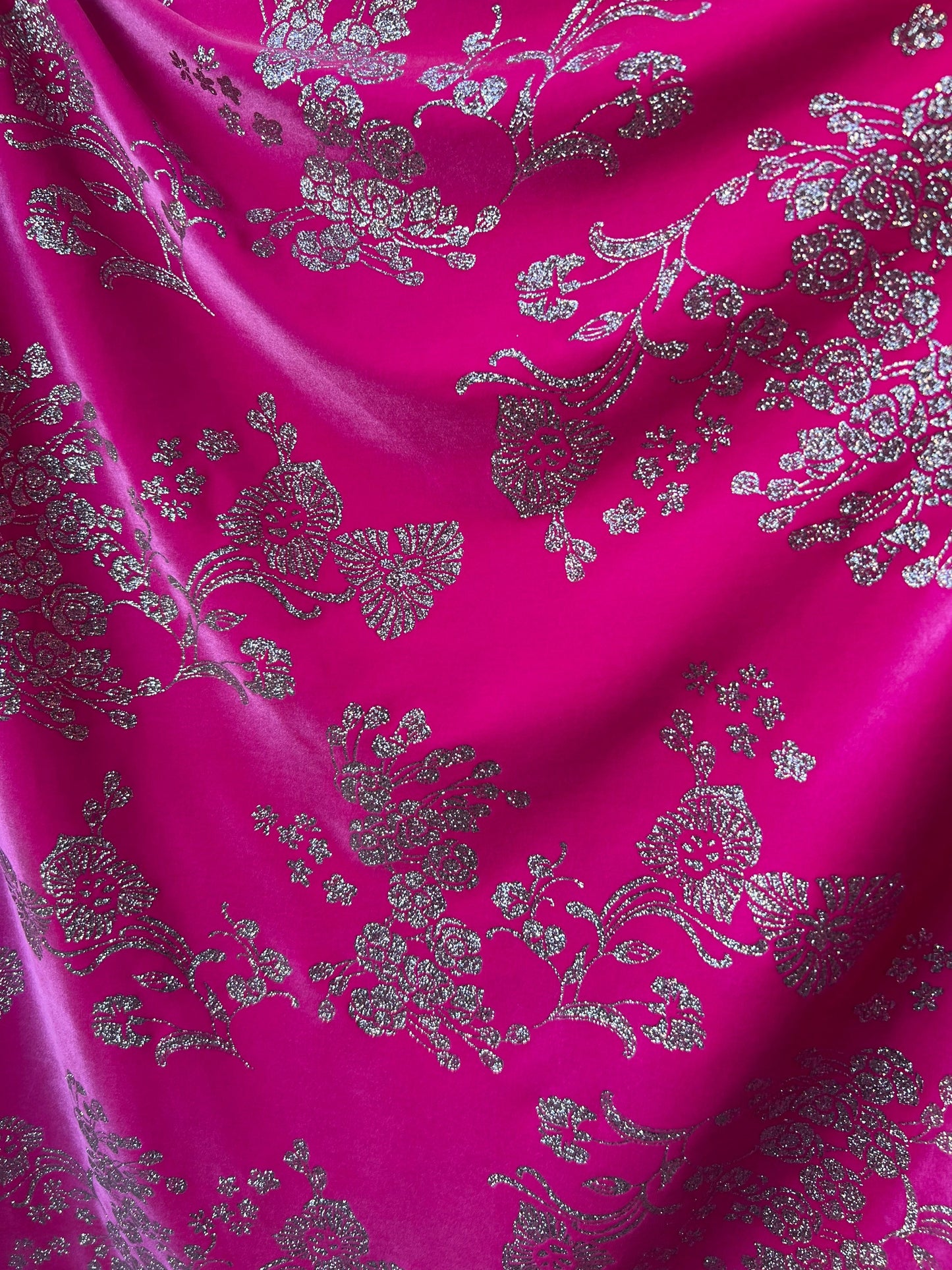 New Luxury stretch velvet romantic flower design hoy pink/silver 4-way stretch 58/60” Sold by the YD. Ships Worldwide from Los Angeles CA