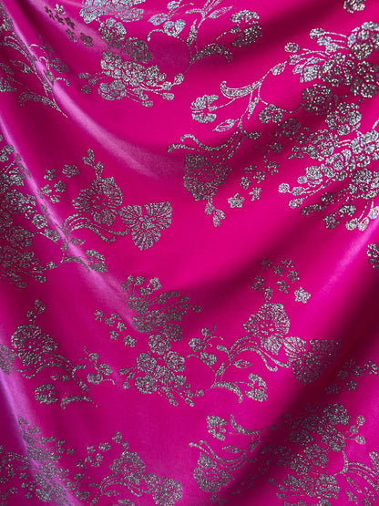 New Luxury stretch velvet romantic flower design hoy pink/silver 4-way stretch 58/60” Sold by the YD. Ships Worldwide from Los Angeles CA