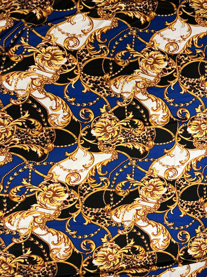 New Brand fashion design sapphire/gold print on great quality of nylon spandex 4-way stretch 58/60” Sold by the YD. Ships Worldwide