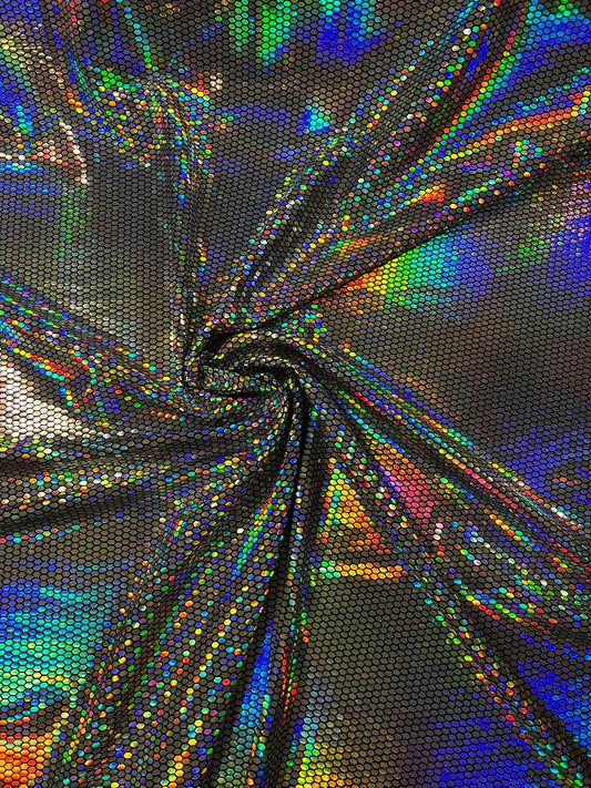 Honeycomb design iridescent silver lacer sequins on metallic spandex 2-way stretch 58/60” Sold by the YD. Ships Worldwide from Los Angeles