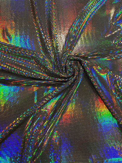 Honeycomb design iridescent silver lacer sequins on metallic spandex 2-way stretch 58/60” Sold by the YD. Ships Worldwide from Los Angeles