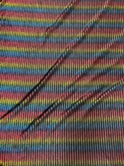 Luxury Pleated stretch velvet with foil Black/Rainbow 2-way stretch 58/60” Sold by the YD. Ships Worldwide from Los Angeles California USA