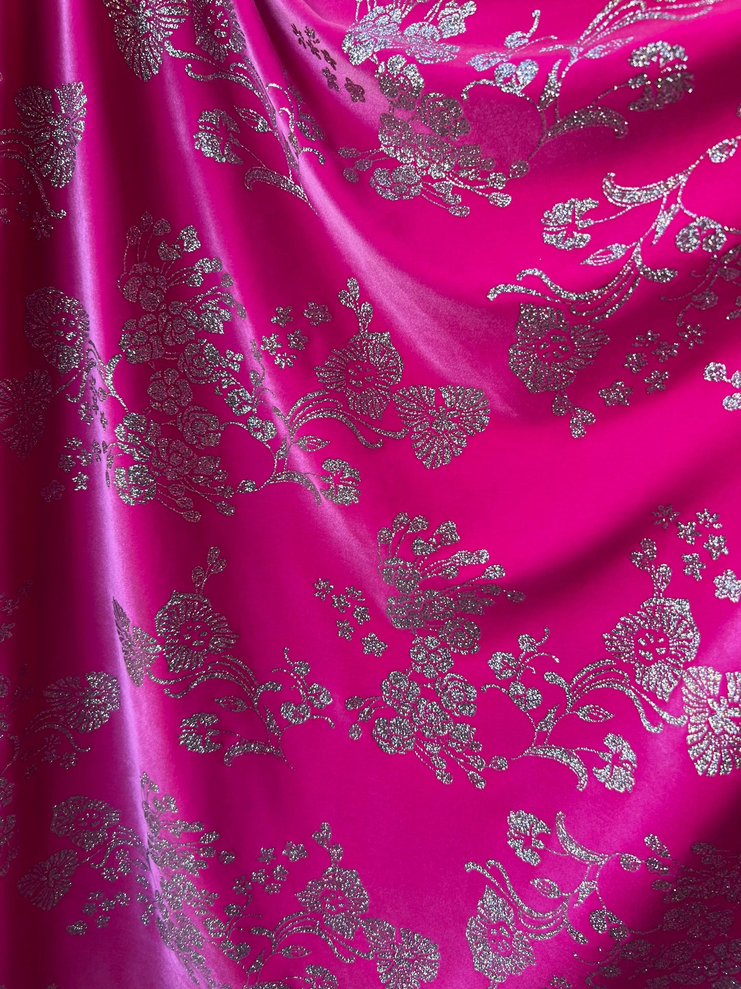 New Luxury stretch velvet romantic flower design hoy pink/silver 4-way stretch 58/60” Sold by the YD. Ships Worldwide from Los Angeles CA