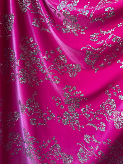 New Luxury stretch velvet romantic flower design hoy pink/silver 4-way stretch 58/60” Sold by the YD. Ships Worldwide from Los Angeles CA