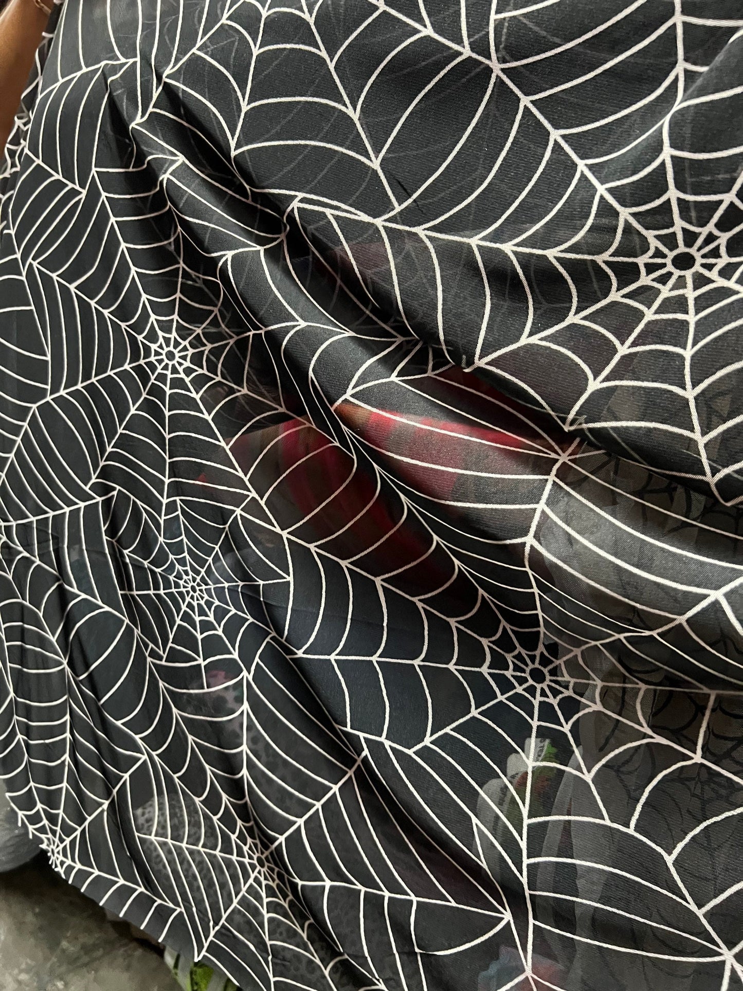 Spiderweb design print on poly mesh 4-way stretch 58/60” Sold by the YD. Ships Worldwide from Los Angeles California USA