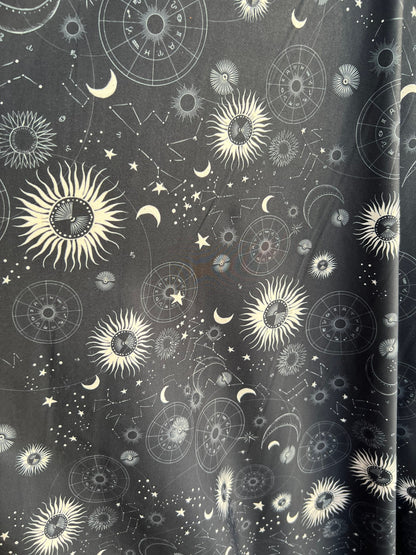 New celestial design print on great quality of nylon spandex brushed 4-way stretch 58/60” Sold by the YD. Ships Worldwide from Los Angeles