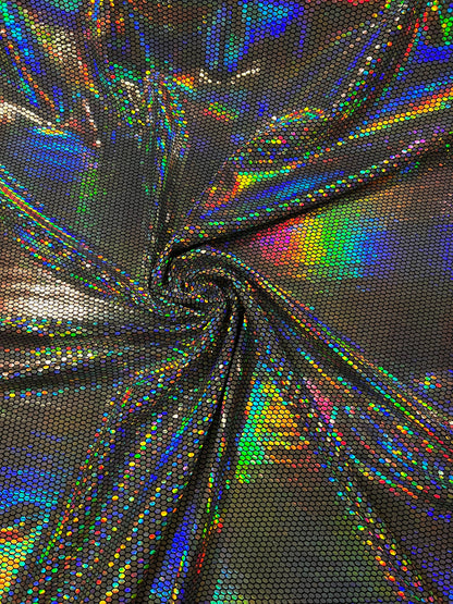 Honeycomb design iridescent silver lacer sequins on metallic spandex 2-way stretch 58/60” Sold by the YD. Ships Worldwide from Los Angeles