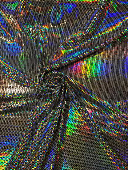 Honeycomb design iridescent silver lacer sequins on metallic spandex 2-way stretch 58/60” Sold by the YD. Ships Worldwide from Los Angeles