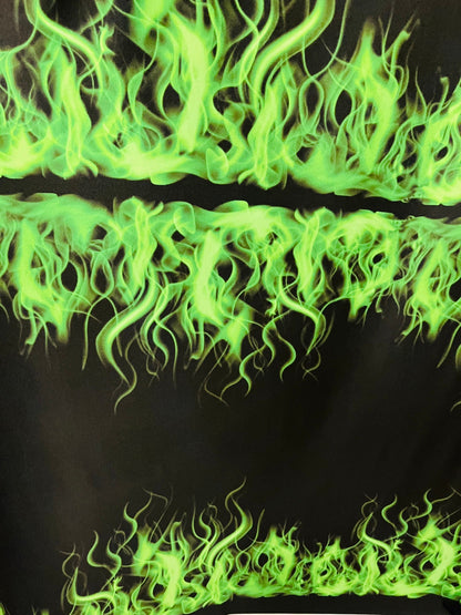 Flames design Black/Green print on great quality of Poly spandex 4-way stretch 58/60” Sold by the YD. Ships Worldwide from Los Angeles CA