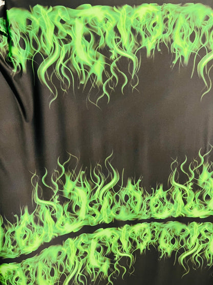 Flames design Black/Green print on great quality of Poly spandex 4-way stretch 58/60” Sold by the YD. Ships Worldwide from Los Angeles CA