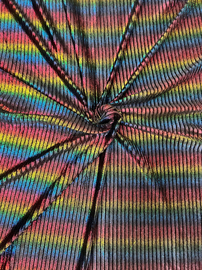 Luxury Pleated stretch velvet with foil Black/Rainbow 2-way stretch 58/60” Sold by the YD. Ships Worldwide from Los Angeles California USA