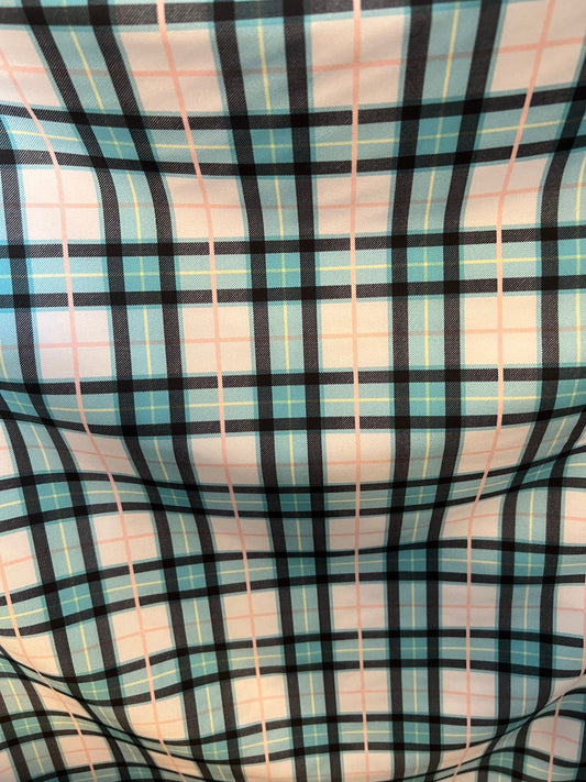 New modern plaid design Tiffany/blush pink print on great quality of nylon spandex 4-way stretch 58/60”  Sold by the YD.