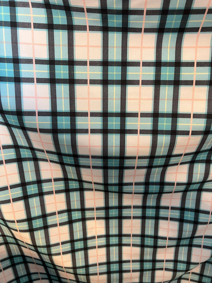 New modern plaid design Tiffany/blush pink print on great quality of nylon spandex 4-way stretch 58/60”  Sold by the YD.