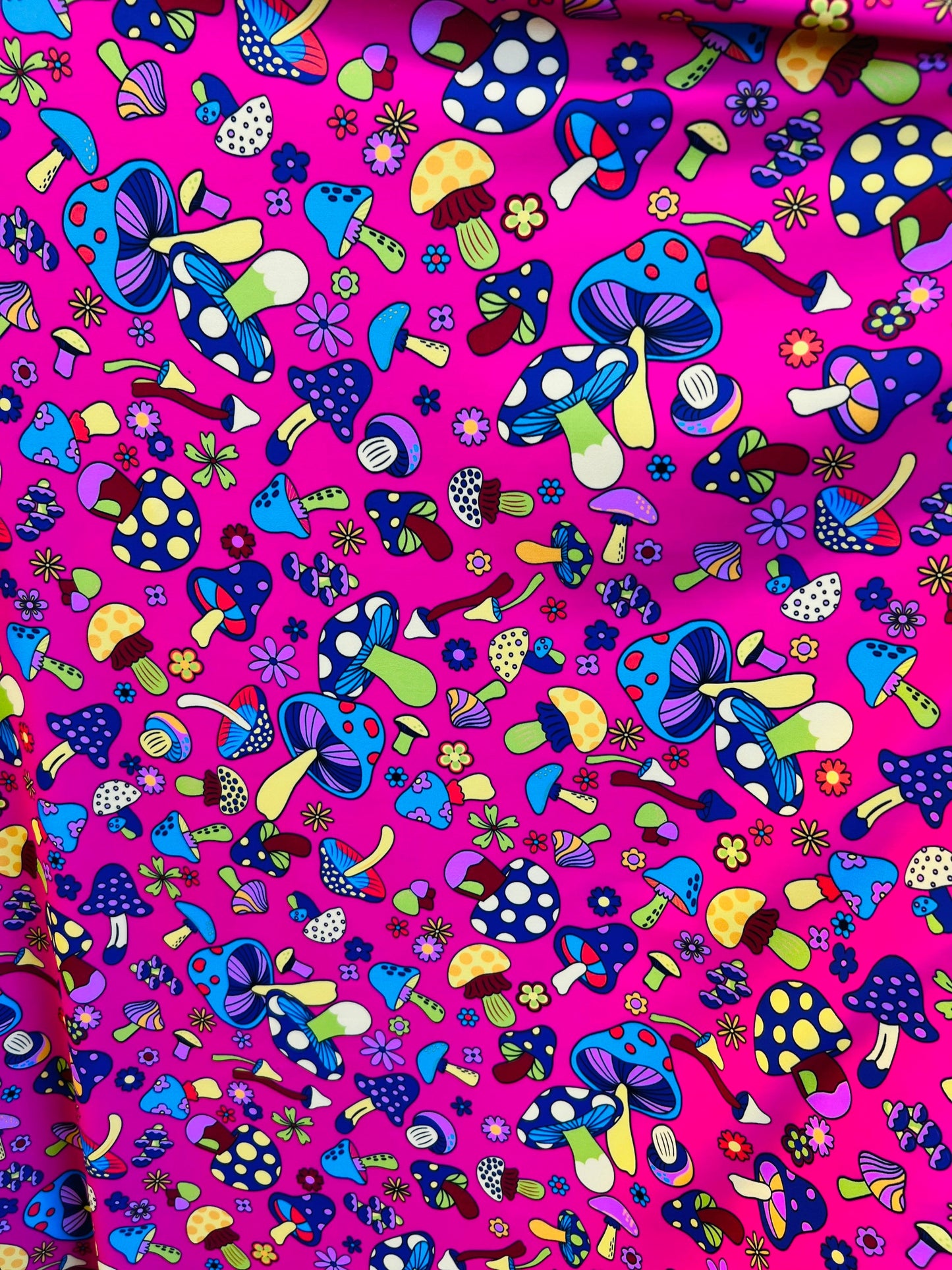 New Mushrooms design pink/multicolor print on best quality of Nylon spandex 4-way stretch 58/60” Sold by the YD. Ships Worldwide from L.A