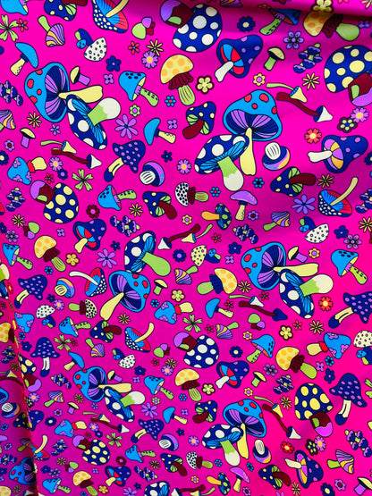 New Mushrooms design pink/multicolor print on best quality of Nylon spandex 4-way stretch 58/60” Sold by the YD. Ships Worldwide from L.A