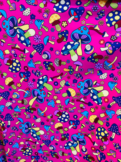 New Mushrooms design pink/multicolor print on best quality of Nylon spandex 4-way stretch 58/60” Sold by the YD. Ships Worldwide from L.A