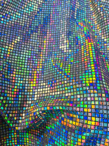 New square hologram sequins 5mm spectrum color on metallic nylon base 2-way stretch 58/60” Sold by the YD. Ships Worldwide from Los Angeles