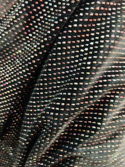 Black/Silver multi on great quality of stretch velvet 4-way stretch 58/60” Sold by the YD. Ships Worldwide from Los Angeles California USA